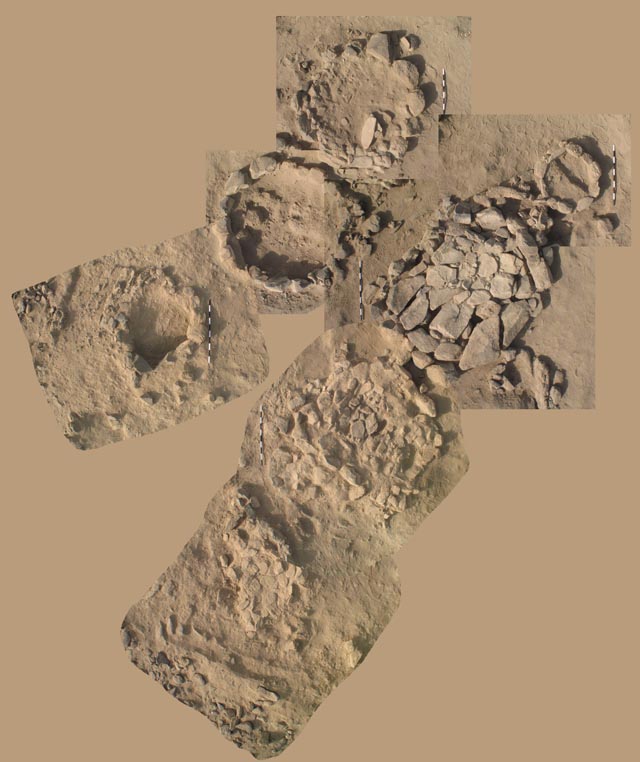 Overhead view of Stone platforms and circles associated with burned layers in 'post-classic' Kerma or Napatan settlement on Umm Gebir Island (UGS 112); features toward the north (above) were excavated by the Gdansk mission (photo montage)